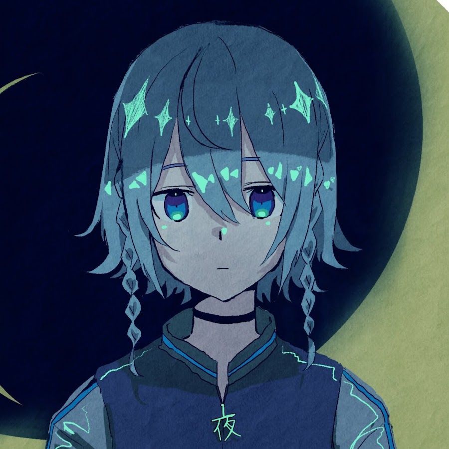 Profile illustration of 夜人: a character with blue hair and star ornaments.